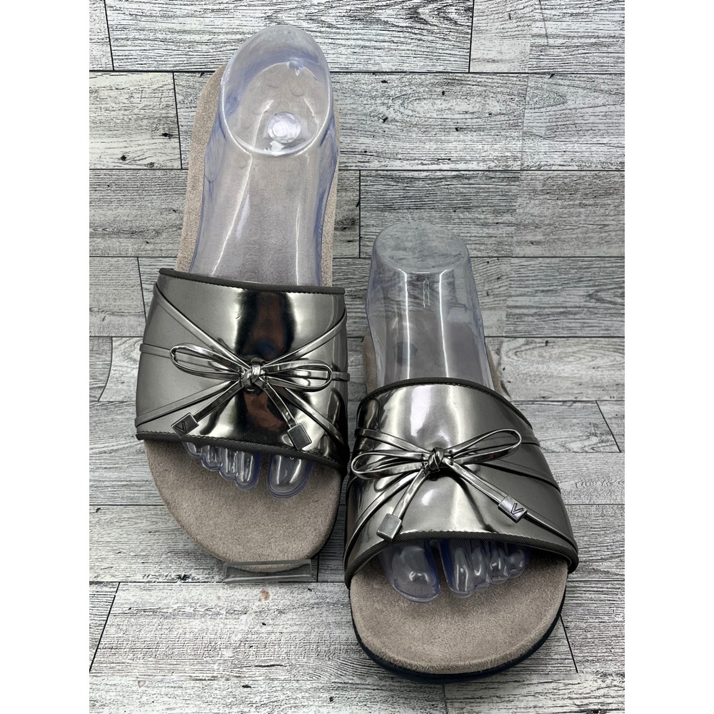 Vionic Bella Slide Metallic Pewter Bow Orthotic Sandals Women Size 10 Orthaheel